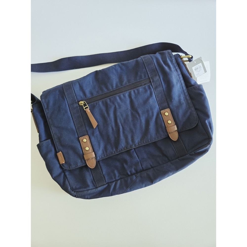 NWT Fossil Waxed Canvas City Bag Messenger Navy Blue Crossbody Pockets ($198)